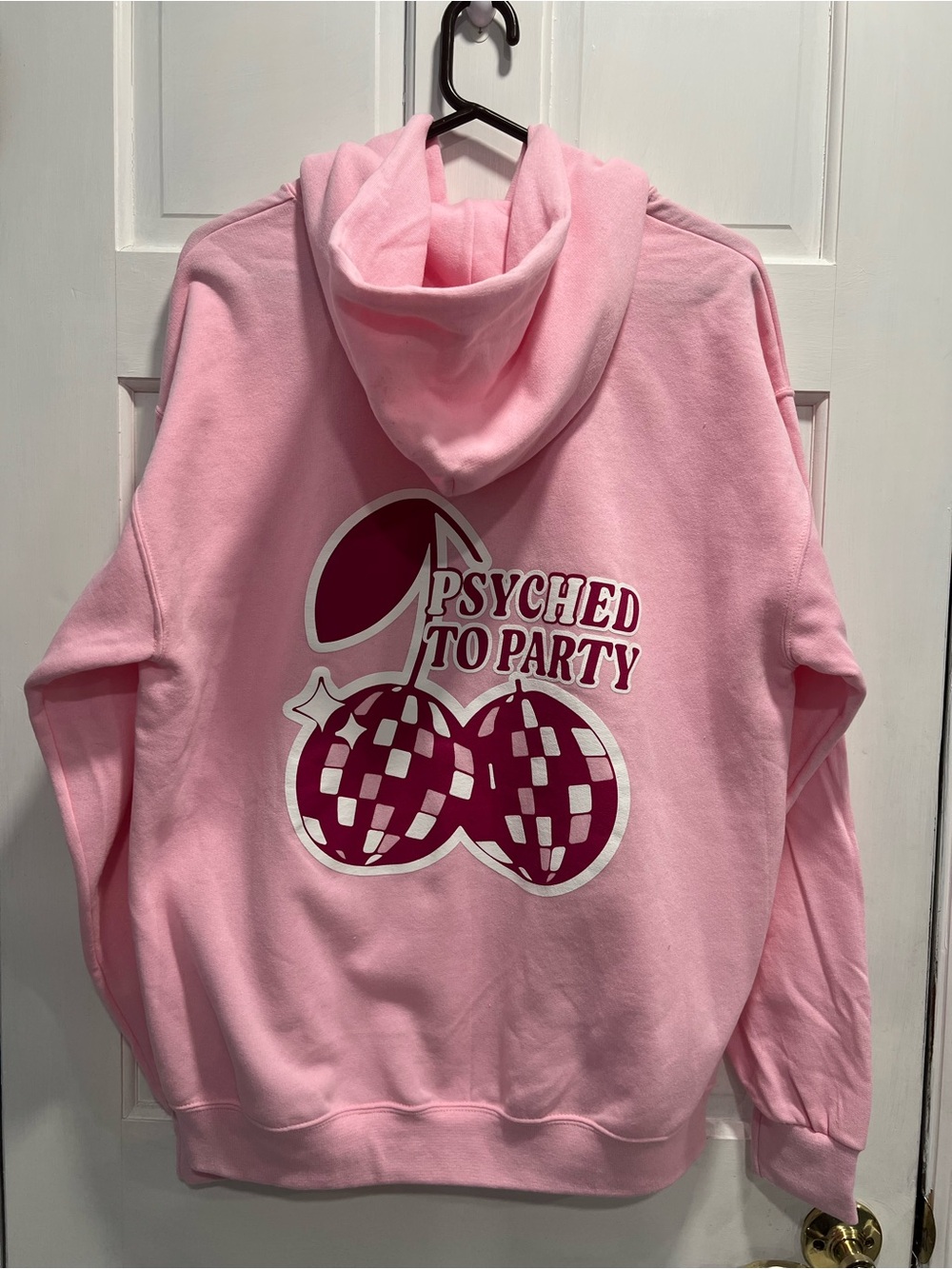 JERZEES Pink "Psyched To Party" Hoodie Drawstring Sweatshirt SIZE LARGE PreLoved